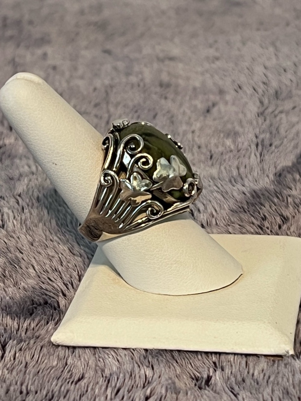 Vintage Sterling Silver Irish Connemara Marble Shamrock Ring Size 8 - Picture 2 of 9